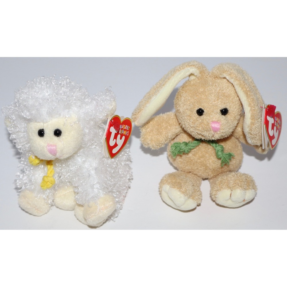 Ty Basket Beanies Hopson Bunny Rabbit and Floxy Sheep Plush Easter Set Tags